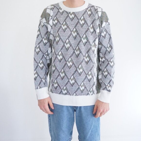 '80s Lavane White Teal 3D Argyle Biggie Cosby Eclectic Knit Crew Neck Sweater M - Picture 1 of 9
